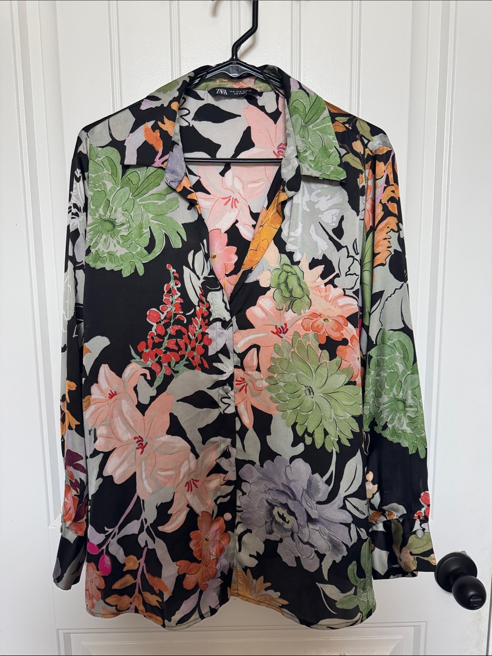 Zara Black Floral Button-Up Shirt with Green and Peach Blooms